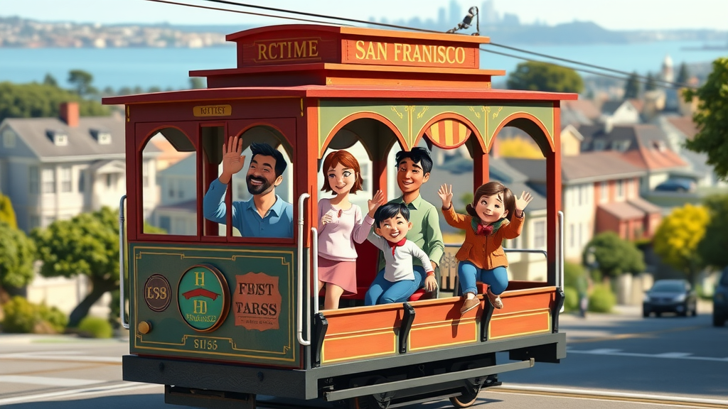 Smiling family riding San Francisco cable car on hilly street, cheerful faces, trees and bay in the background.