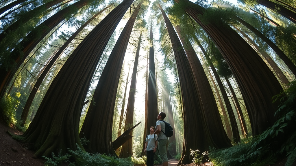 Towering redwood forest in Muir Woods with hikers gazing upward along a sun-dappled trail, ancient trees stretching into a leafy mist.