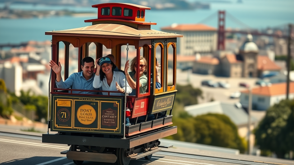 San Francisco cable car, passengers smiling, city streets, san francisco attractions