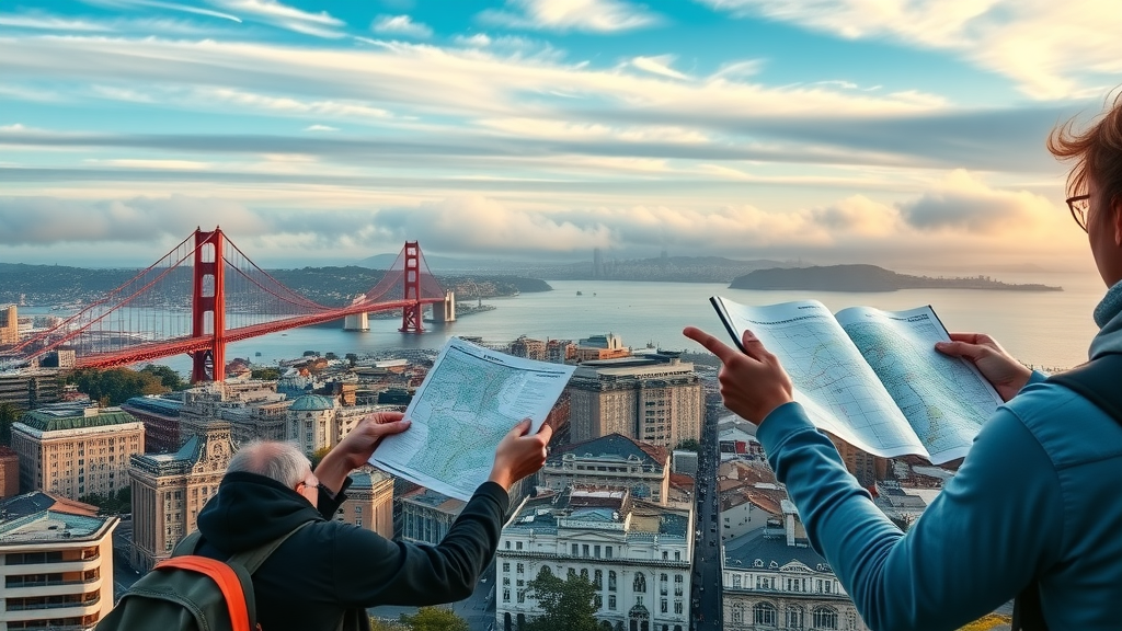 Panoramic San Francisco cityscape with highlighted neighborhoods, tourists reviewing maps and digital guides against a skyline with the Golden Gate Bridge.
