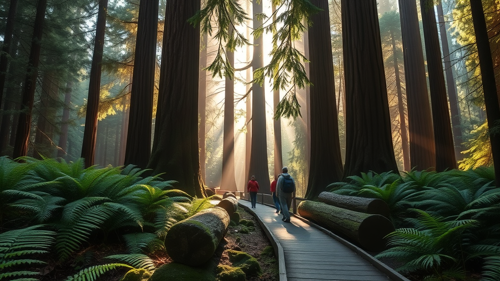 Peaceful woodland in Muir Woods with towering ancient redwoods, boardwalk trails, muir woods things to do in san francisco