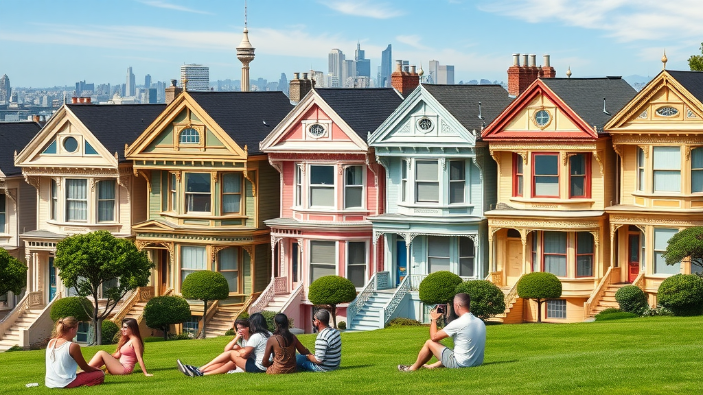 Quintessential Painted Ladies Victorian houses at Alamo Square, downtown San Francisco backdrop, painted ladies things to do in san francisco