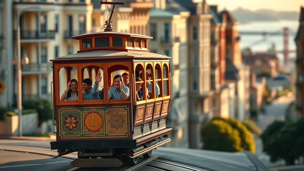 Vibrant vintage cable car ascending a steep San Francisco street with people waving, classic bay windows and cityscape, capturing the spirit of cable cars in golden afternoon light.