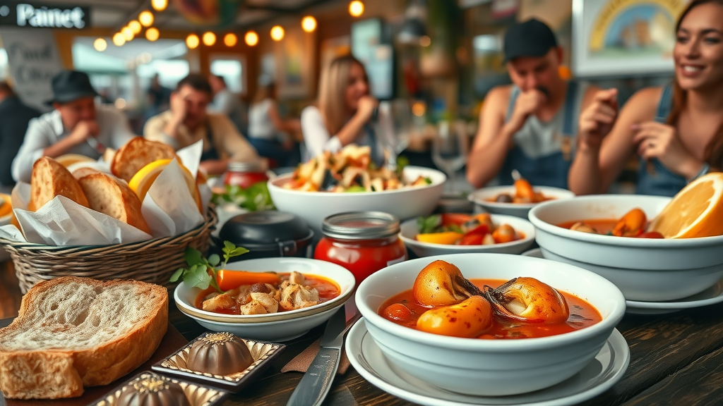Delectable San Francisco foodie spread with sourdough bread, seafood cioppino, artisan chocolates, things to do in san francisco