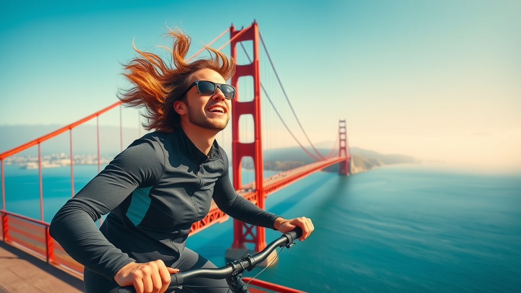 Cyclist with awe-inspired expression biking across Golden Gate Bridge, city skyline and blue water background, vibrant and dynamic.
