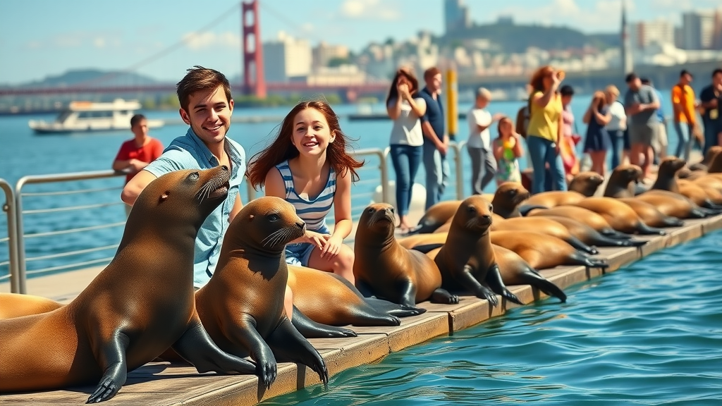 family friendly activities san francisco: family observing sea lions at Pier 39 with waterfront view
