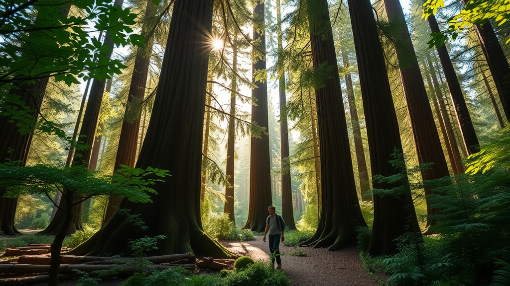 Muir Woods forest scene, redwoods, hikers, day trip from san francisco attractions, sunlight