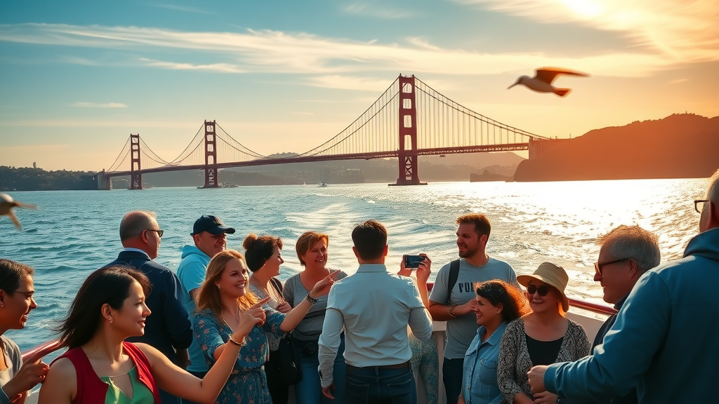 Vibrant scene of a boat cruise on San Francisco Bay with views of the skyline and Golden Gate Bridge, san francisco bay things to do in san francisco