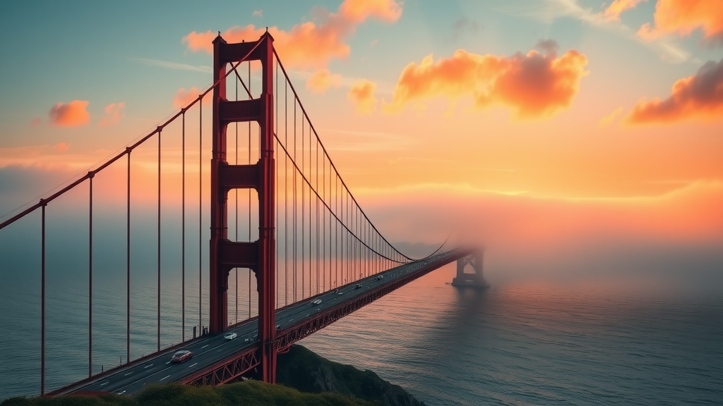 majestic Golden Gate Bridge at sunrise, san francisco attractions, misty bay, glimmering sunlit water