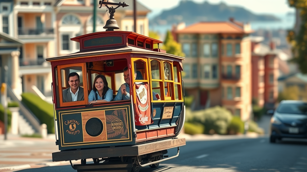 Classic San Francisco cable car on steep street with smiling passengers, Victorian homes in background - san francisco travel guide transport