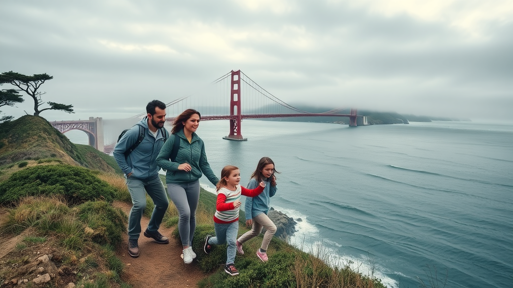 family friendly activities san francisco: family hiking Lands End Trail with Golden Gate Bridge view and rugged coastline