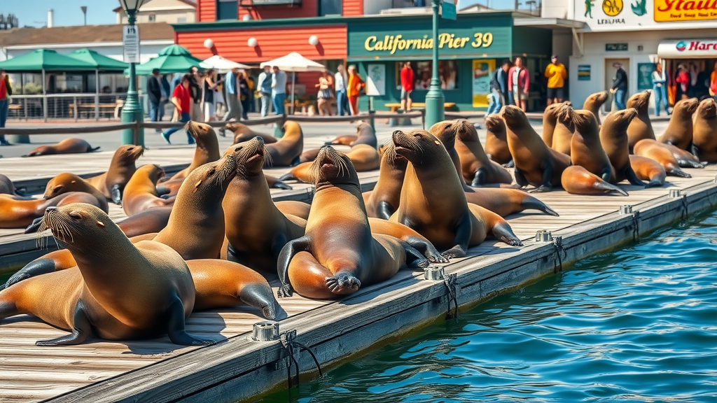 Playful California sea lions lounging on Pier 39 docks, bustling waterfront, pier 39 sea lions things to do in san francisco