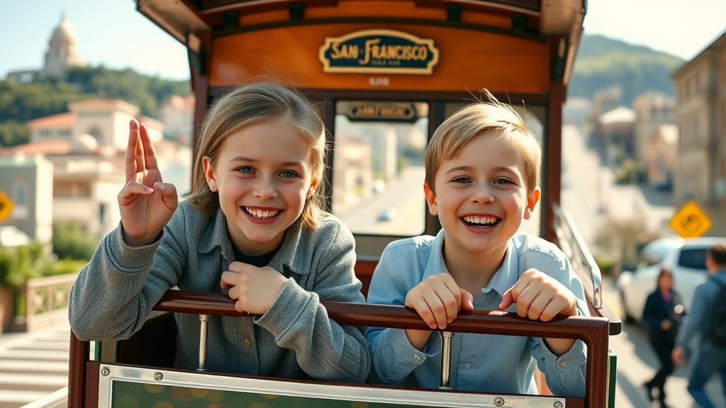 family friendly activities san francisco: siblings riding cable car with Lombard Street in background