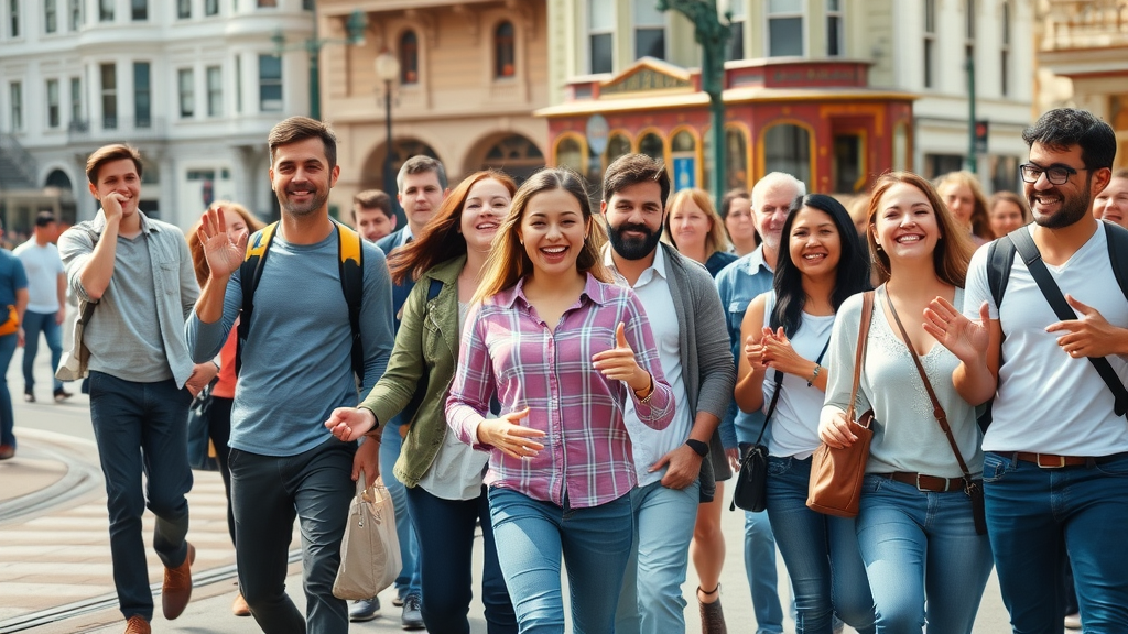 Outdoor San Francisco walking tour group, Victorian homes and cable car tracks, lively guiding experience in scenic city streets.