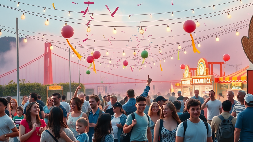 Charming outdoor festival in San Francisco, festive crowd, string lights, and fog - san francisco travel guide seasonal events