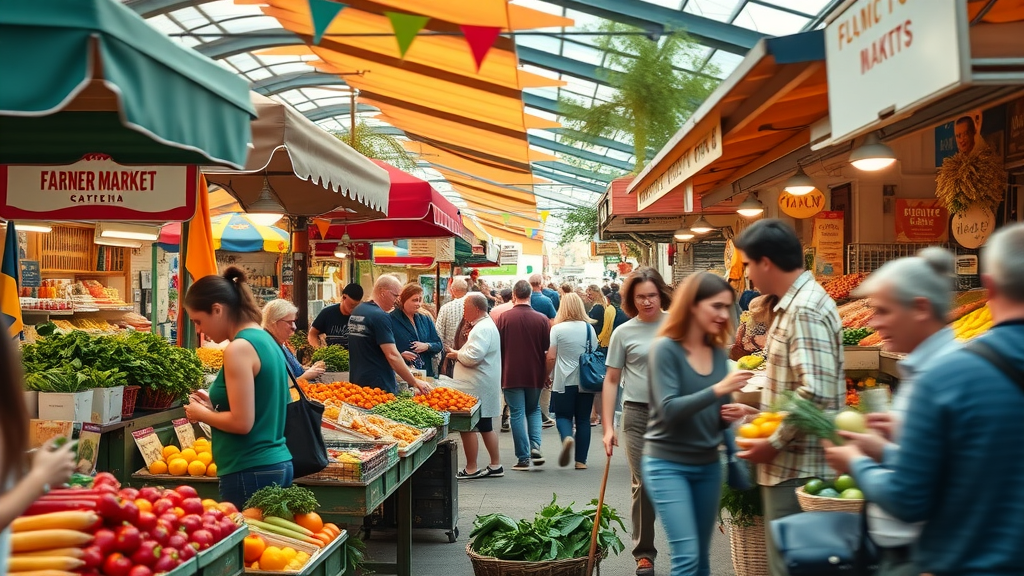 Colorful San Francisco farmer's market bustling with vendors and shoppers, fresh produce, and local treats, vibrant urban setting and daylight.
