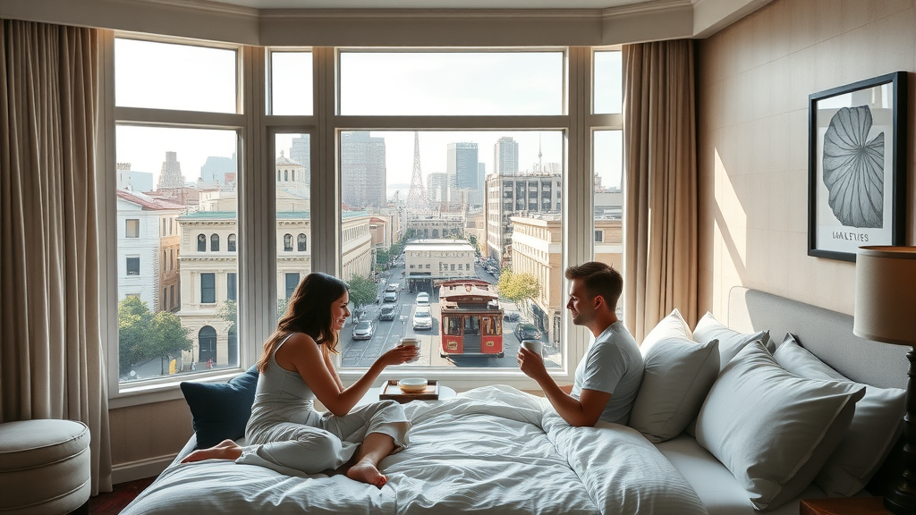 Elegant San Francisco hotel room with bay window and skyline view - san francisco travel guide accommodation