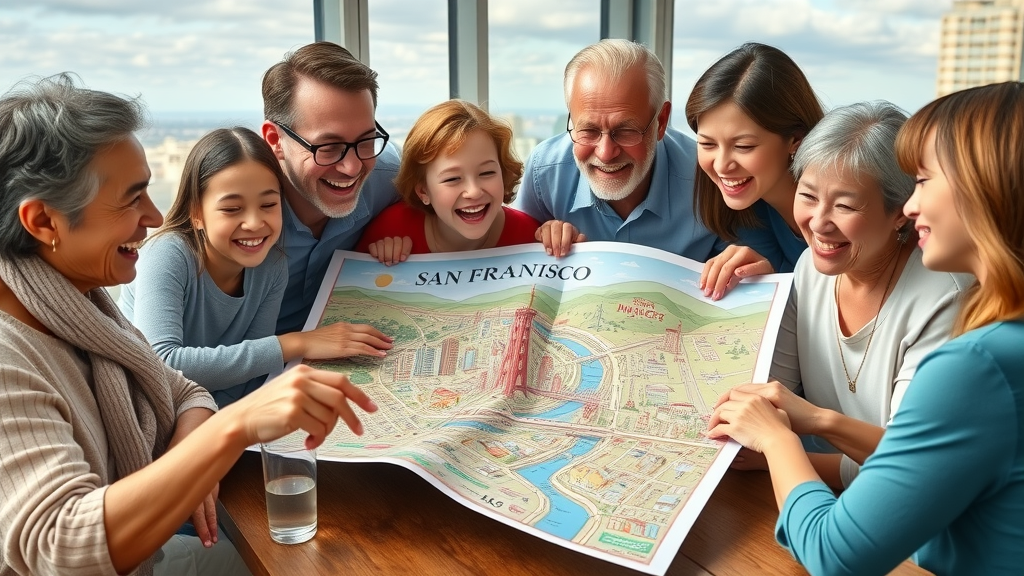 family friendly activities san francisco: family reviewing tourist map with city views