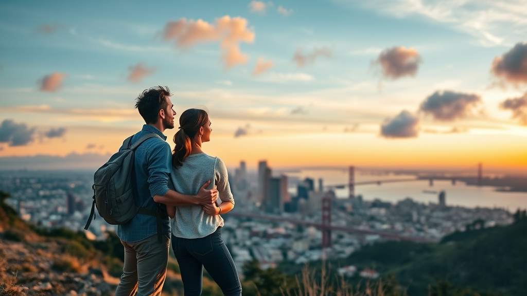 adventurous couple at Twin Peaks overlook, panoramic san francisco attractions sunset cityscape