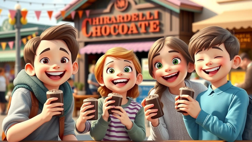 family friendly activities san francisco: family sampling chocolate at Ghirardelli Square with outdoor games