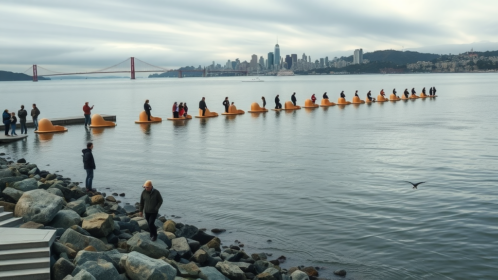Visitors enjoying the eccentric Wave Organ installation on San Francisco Bay, whimsical rocky shoreline, with a distant city skyline under soft overcast light.