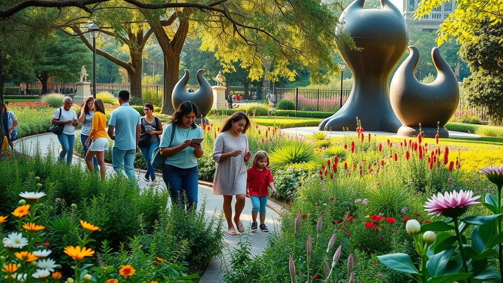Lush botanical garden in Golden Gate Park with families and artists exploring vibrant greenery, flower beds, and whimsical sculptures on a sunlit day.