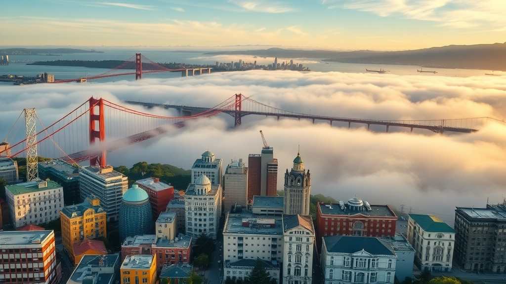Vibrant aerial view of San Francisco cityscape with iconic bridges, colorful buildings, and the bay - san francisco travel guide morning view