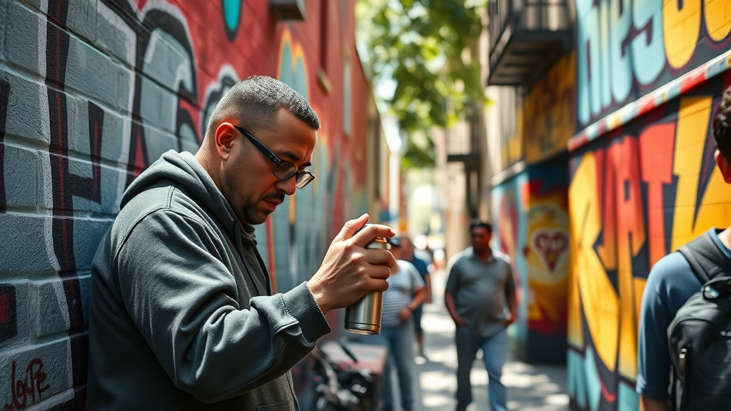Artist spray painting vibrant mural in San Francisco Mission District, urban street with graffiti and onlookers.