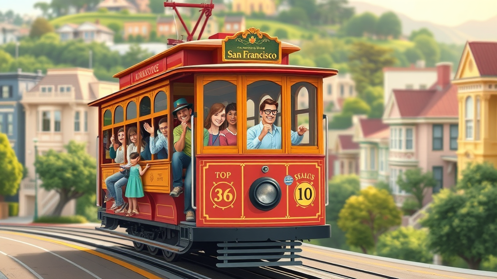 Charming vintage San Francisco cable car riding uphill past pastel Victorian houses, cable car things to do in san francisco