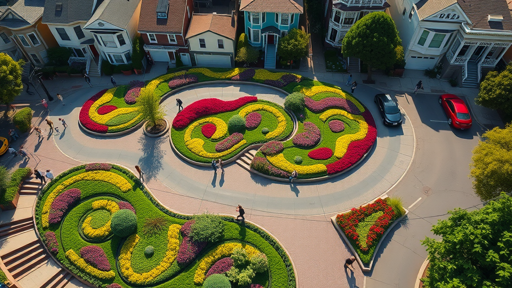 Dynamic overhead view of Lombard Street with hairpin turns, san francisco landmark, vibrant street scene