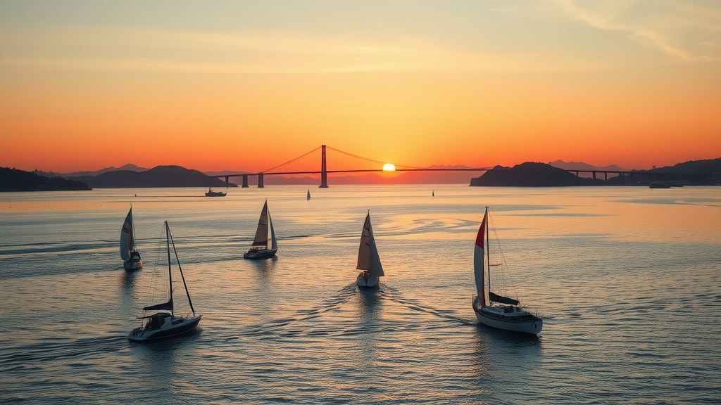 Serene San Francisco Bay at sunset, iconic landmarks visible along the shoreline, golden gate bridge in background, san francisco bay, landmark districts