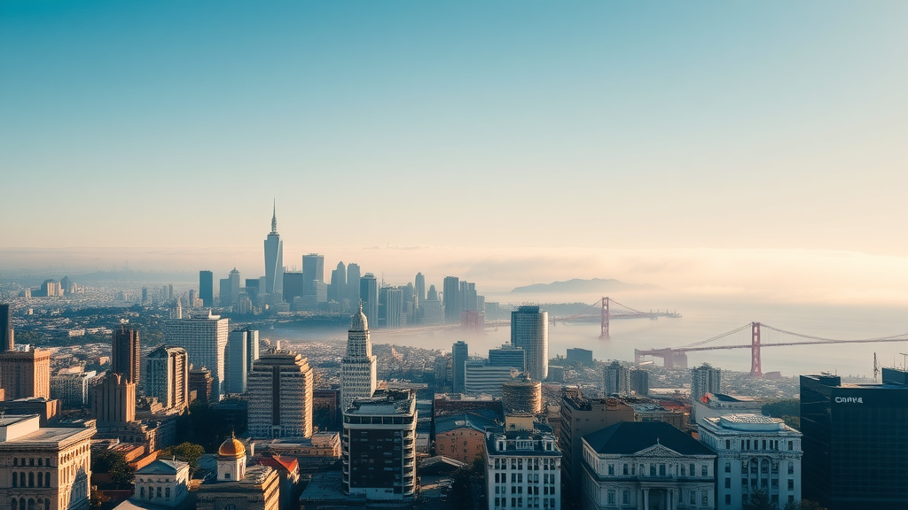 Majestic aerial view of San Francisco skyline with iconic landmarks, bay and vibrant cityscape, san francisco landmarks, photorealistic