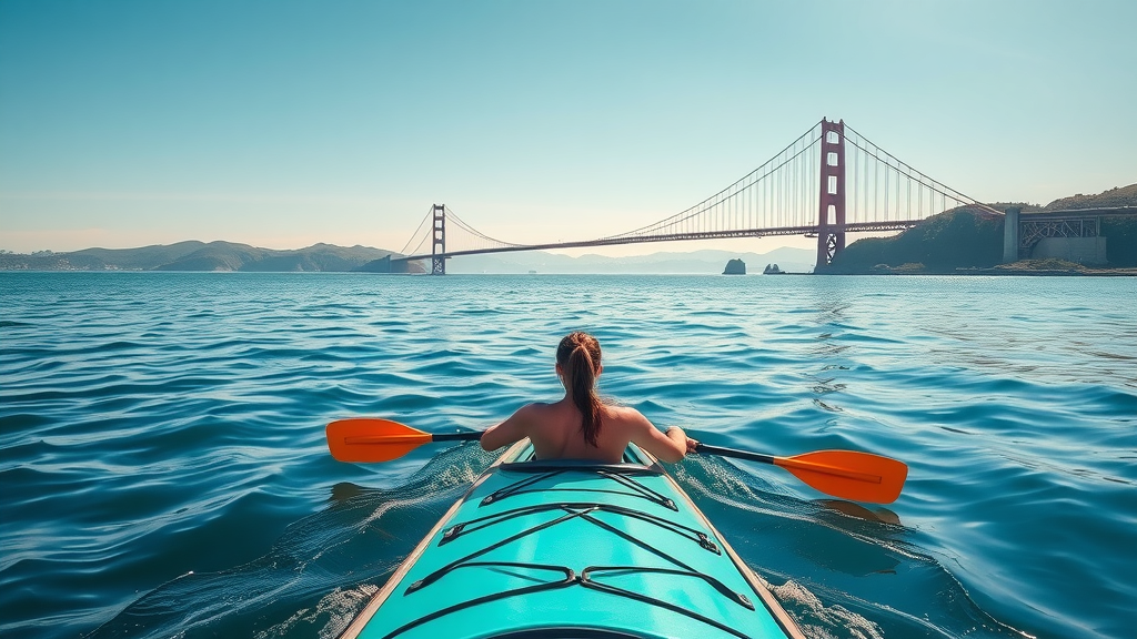 Kayaker enjoying serene blue waters of San Francisco Bay, Golden Gate Bridge in the distance, afternoon light, gentle water ripples.