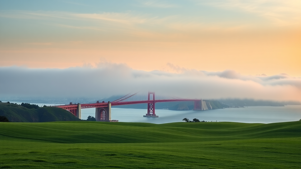 Majestic view of the Golden Gate Bridge from Crissy Field, morning fog and San Francisco city in the distance