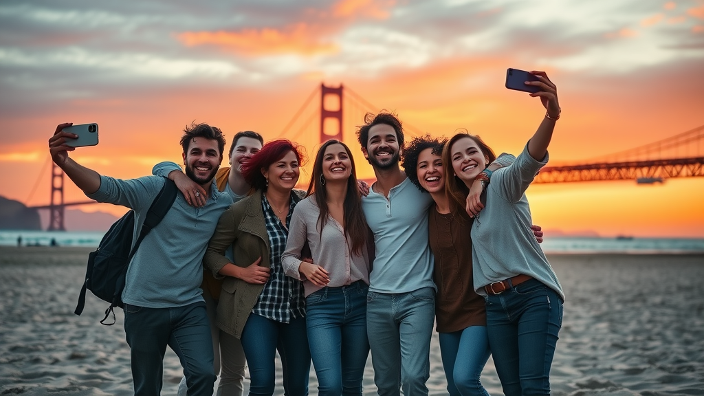 Happy travelers taking selfies and laughing together with the Golden Gate Bridge at Baker Beach at sunset, evoking memories against a dramatic evening sky.