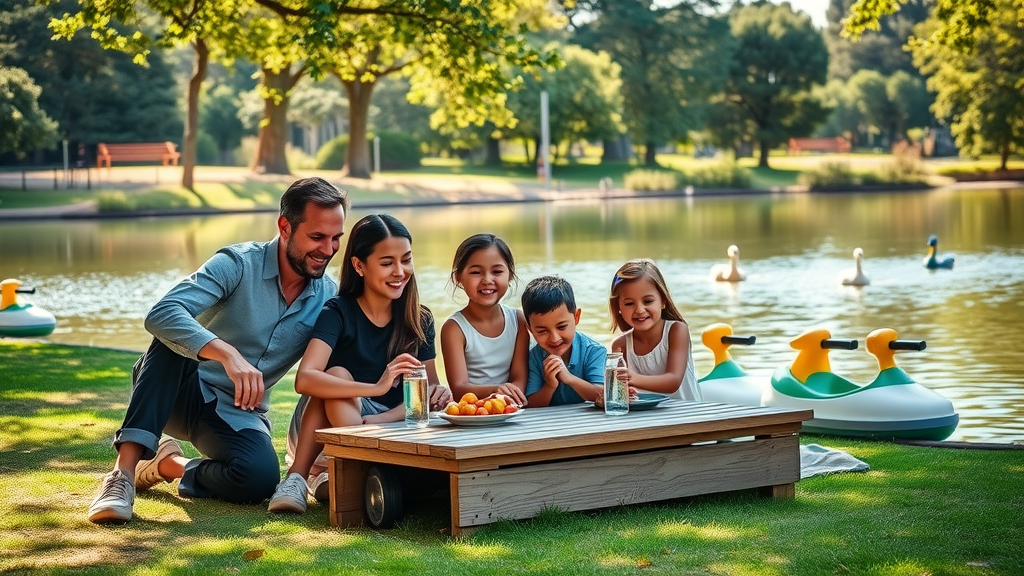 family friendly activities san francisco: family picnic by Stow Lake with pedal boats in Golden Gate Park