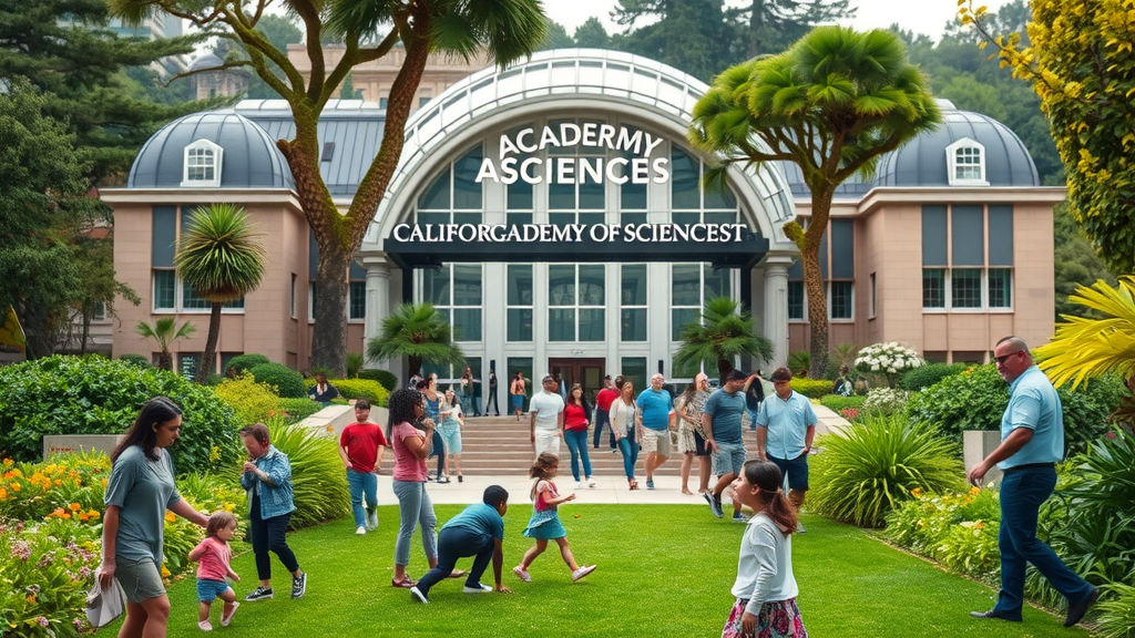 Lively scene at California Academy of Sciences entrance within Golden Gate Park, families and groups gathered