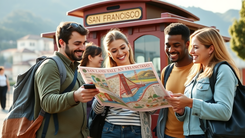 Happy tourists consulting a map at San Francisco cable car stop, landmark tour, iconic hilly city background, san francisco landmark