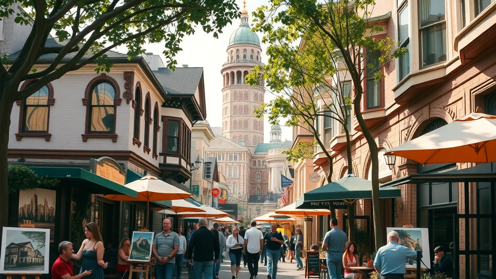 Vibrant street scene in North Beach with Coit Tower in the background and outdoor cafes