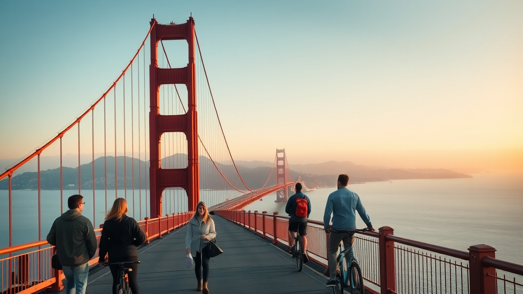 Majestic Golden Gate Bridge at sunrise with couples and friends walking and biking across, featuring tranquil San Francisco Bay, light fog, and vibrant panoramic views.