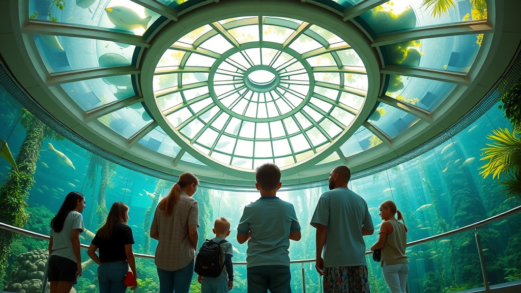 Futuristic California Academy of Sciences interior with families exploring rainforest and aquarium, lush greenery, and interactive exhibits under a glass dome.