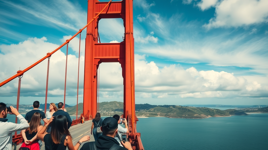Up-close architectural detail of Golden Gate Bridge tower, iconic san francisco landmark, signature orange color, dramatic sky