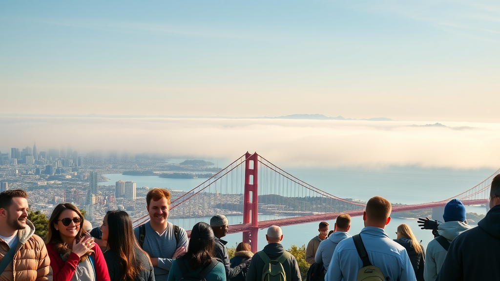 vibrant panoramic view of San Francisco skyline with Golden Gate Bridge in the foreground, tourists sightseeing, san francisco attractions, fog over bay