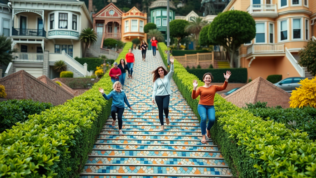 Locals joyfully climbing San Francisco mosaic staircase, colorful hillside homes and lush greenery in the background.