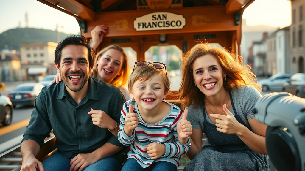 family friendly activities san francisco: family on historic cable car with city skyline in background