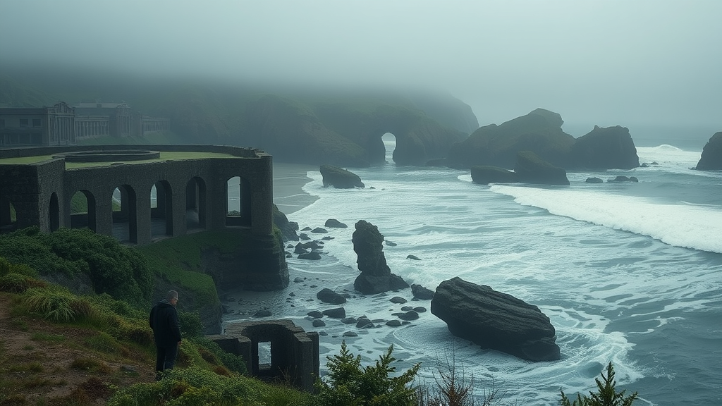 Mysterious Sutro Baths ruins, san francisco landmark, rugged coastline with overgrown greenery