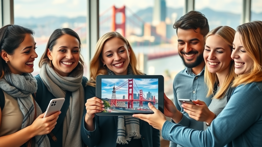 Cheerful group sharing San Francisco landmark photos with city backdrop, iconic skyline and landmarks in background, san francisco landmarks