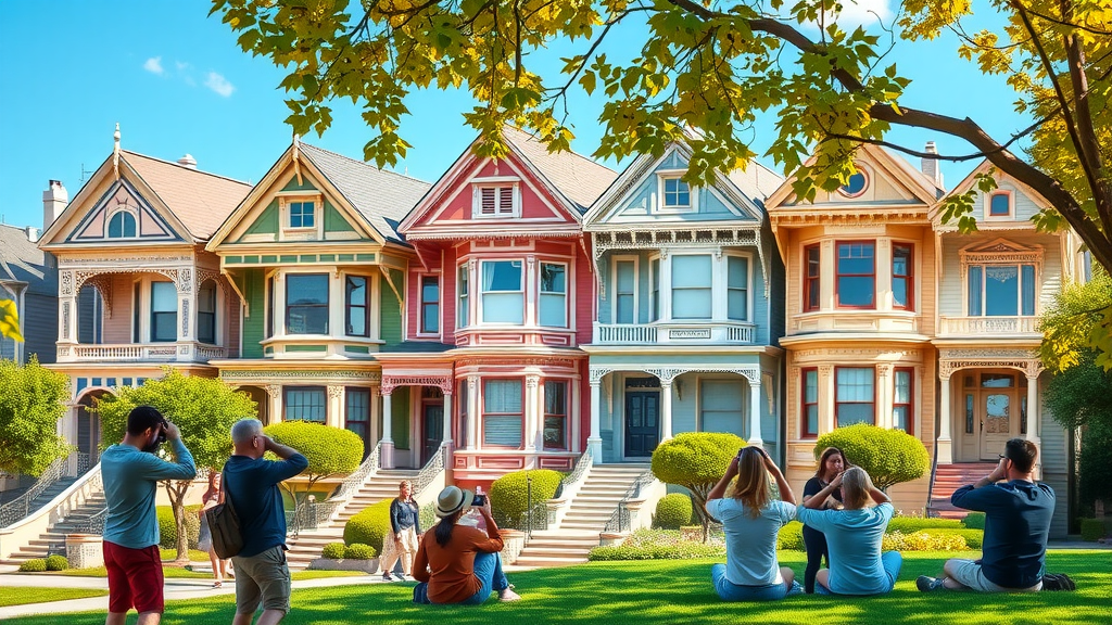 Painted Ladies Victorian houses, san francisco attractions, relaxing people, alamo square park