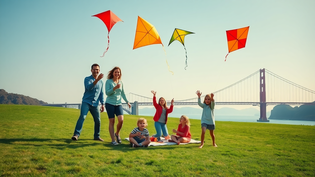 family friendly activities san francisco: family flying kites and picnicking at Crissy Field with Golden Gate Bridge backdrop