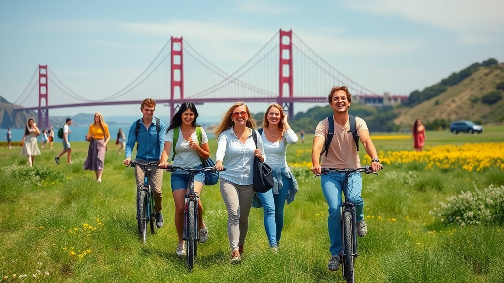 Relaxed tourists walking or biking at Crissy Field with Golden Gate Bridge in the background